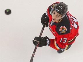 Calgary Flames Johnny Gaudreau during the pre-game skate before playing the Vancouver Canucks in NHL hockey in Calgary, Alta., on Thursday, April 7, 2016.