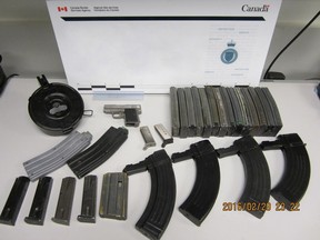 CBSA officers seized a .380-calibre handgun and 24 prohibited magazines seized at Coutts on February 29, 2016.