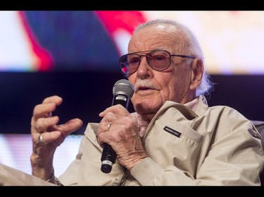 Comic book icon Stan Lee chats during his panel discussion at the Calgary Comic and Entertainment Expo at Stampede Park in Calgary, Alta., on Sunday, May 1, 2016. Lyle Aspinall/Postmedia Network