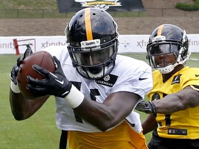 Pittsburgh Steelers wide receiver Devin Gardner, left, makes a catch past safety Robert Golden, right, during practice at NFL football training camp in Latrobe, Pa., Monday, Aug. 3, 2015.