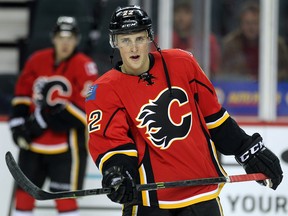 Calgary Flames centre Drew Shore skating with Flames teammates last year.