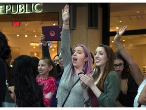 Emily Stank cheers for Mariana's Trench as she waits for an autograph at JUNO Fan Fare at Chinook Mall in Calgary, Ab, on Saturday, April 2, 2016. Elizabeth Cameron/Postmedia ORG XMIT: JUNO Fan Fare