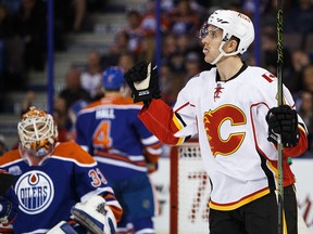 Mikael Backlund #11 of the Calgary Flames celebrates his goal against the Edmonton Oilers on April 2, 2016 at Rexall Place in Edmonton.
