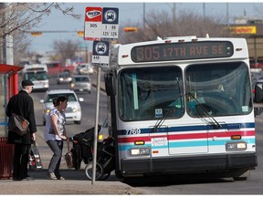 A Calgary Transit bus pulls up to a stop on 17th Avenue SE in 2012.