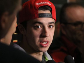 Calgary Flames forward Johnny Gaudreau speaks with the media at the Scotiabank Saddledome as the team cleared out their lockers for the season on Monday, April 11, 2016.