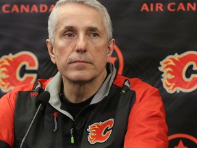 Calgary Flames head coach Bob Hartley speaks to the media at the Scotiabank Saddledome as the team cleared out their lockers for the season on Monday, April 11, 2016.