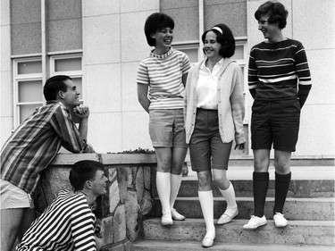 1964: Murray Gibbs, Scott Saville, Susan Kent, Lesley Birt and an unidentified student during Bermuda Shorts Day