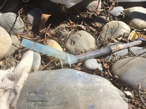 Debris is strewn on an island where residents say dozens of used needles have been left behind on a small easily accessible island in Montgomery. Fire crews were on the island Tuesday, April 19 clearing used needles. Shawn Logan Photo