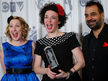 The Winning Belles celebrate after winning the Children's Album of the Year in Calgary, Alta., on Saturday, April 2, 2016.