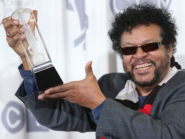 Harrison Kennedy celebrates after his Juno award for Blues Album of the Year during the 2016 JUNO Gala Dinner & Awards in Calgary, Alta., on Saturday, April 2, 2016.