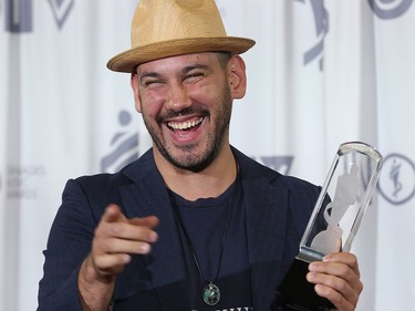 Boogat celebrates after winning World Music Album of the Year during the 2016 JUNO Gala Dinner & Awards in Calgary, Alta., on Saturday, April 2, 2016.