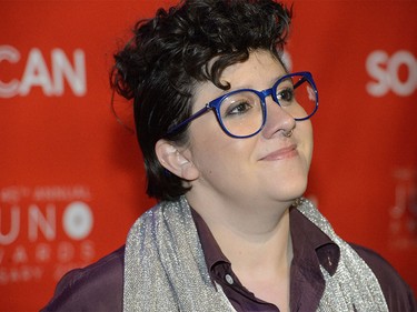 Cris Derksen visits the 2016 JUNOs Green Carpet at the JUNO Gala in Calgary's Telus Convention Centre in Calgary, AB., on Saturday, April 2, 2016. (Photo by Andy Maxwell Mawji/ Postmedia)