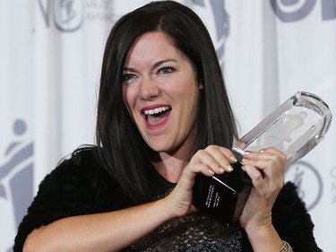 Emilie-Claire Barlow celebrates winning Vocal Jazz Album of the Year during the 2016 JUNO Gala Dinner & Awards in Calgary.