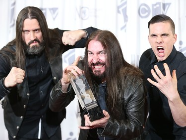 Kataklysm celebrate after winning the Juno for Heavy Metal Album of the Year during the 2016 JUNO Gala Dinner & Awards in Calgary, Alta., on Saturday, April 2, 2016.