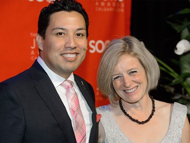 Alberta Premier Rachel Notley, right, and Minister Miranda Marco De Iaco visits the 2016 JUNOs Green Carpet at the JUNO Gala in Calgary, AB., on Saturday, April 2, 2016. (Photo by Andy Maxwell Mawji/ Postmedia)