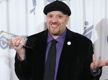 Robi Botos celebrates after winning Jazz Album of the Year during the 2016 JUNO Gala Dinner & Awards in Calgary, Alta., on Saturday, April 2, 2016.