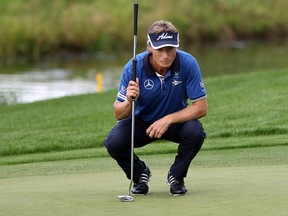 Bernhard Langer of Munich Germany, during  finished with a -8 on Round 2 on the 18th hole of the Champions Tour's Shaw Charity Classic on August 30, 2014 at the Canyon Meadows Golf and Country Club.