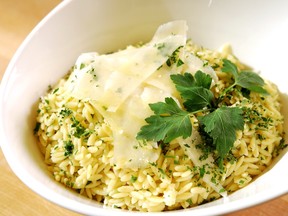 Lemon-scented orzo makes a light side dish to a variety of meats.