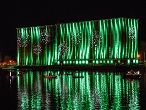 Light show on grain elevators in Buffalo, NY.