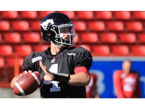 Gavin Young, Calgary Herald CALGARY, AB: SEPTEMBER 22, 2015 -  Calgary Stampeders quarter back Drew Tate lines up to pass during practise on Tuesday September 22, 2015. (Gavin Young/Calgary Herald) (For Sports section story by Rita Mingo) Trax# 00068675B