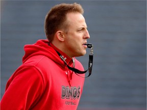 Ryan Sheahan, University of Calgary Dinos offensive co-ordinator during Dinos Spring Camp at McMahon Stadium in Calgary on April 29, 2016.