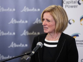 Premier Rachel Notley speaks with the media after her State of the Province address at Northlands Expo Centre in Edmonton on Friday, April 15, 2016.