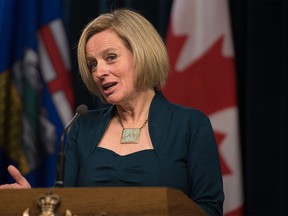 Alberta Premier Rachel Notley speaks at the Alberta Legislature Building in Edmonton on Monday, April 11, 2016.