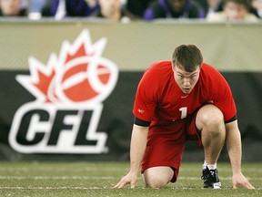 Marc Mueller, seen during his playing days while attending a CFL evaluation camp in 2011, is now a quarterbacks coach with the Calgary Stampeders with aspirations to move up the coaching ranks.