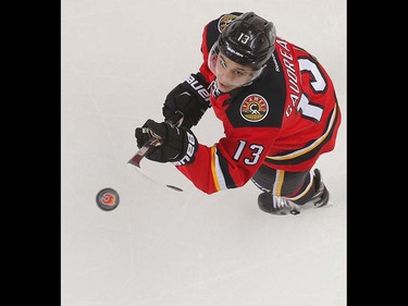 Calgary Flames Johnny Gaudreau during the pre-game skate before playing the Vancouver Canucks in NHL hockey in Calgary, Alta., on Thursday, April 7, 2016. AL CHAREST/POSTMEDIA