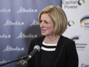 Premier Rachel Notley speaks with the media after her State of the Province address at Northlands Expo Centre in Edmonton on Friday, April 15