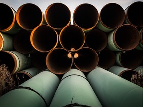 Local Input~ GASCOYNE, ND - OCTOBER 14:  Miles of unused pipe, prepared for the proposed Keystone XL pipeline, sit in a lot on October 14, 2014 outside Gascoyne, North Dakota.