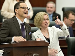 Alberta Premier Rachel Notley gives the thumbs up before Minister of Finance Joe Ceci delivers the 2016 budget in Edmonton on Thursday.
