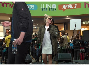 Sarah Blackwood of Walk Off The Earth arrives at JUNO Fan Fare at the Chinook Centre.