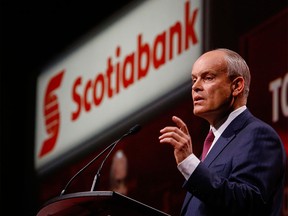 Brian Porter, president and CEO of Scotiabank, addresses the company's annual meeting in Calgary, Tuesday, April 12, 2016.