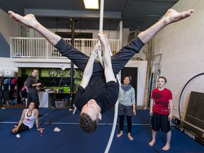 Olympic gold medallist Kyle Shewfelt tries out some rope moves at Calgary Circus Studio in Calgary, Alta., on Wednesday, April 6, 2016. Athletes and WinSport representatives had a crash course in basic circus acts as a promo for the upcoming WinSport Legacy Gala, a fundraiser for athletic development which this year features a vintage-circus theme that will include a variety of circus acts.
