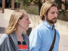 David Stephan and his wife Collet Stephan leave the court house on April 23, 2016 in Lethbridge, Alberta.