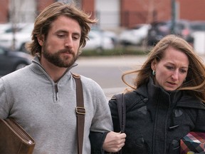 David Stephan and his wife Collet Stephan make their way to court on March 15, 2016 in Lethbridge, Alberta.