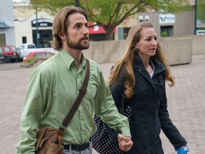 David Stephan and his wife Collet Stephan leave the courthouse on Tuesday, April 26, 2016 in Lethbridge, Alberta.