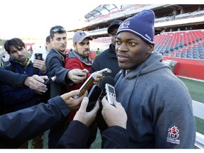 The Montreal Allouetes' Henoc Muamba speaks to reporters before their game against the Ottawa Redblacks at TD Place Thursday October 01, 2015. (Darren Brown/Ottawa Citizen)