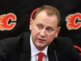 Calgary Flames general manager Brad Treliving speaks to the media at the Scotiabank Saddledome as the team cleared out their lockers for the season on Monday, April 11, 2016.