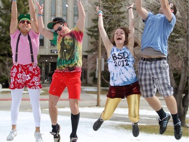 2012 -- Students from left to right, Dan Cojocariu, Reece Pardell, Shanon Thompson and Matthew Sembinelli ham it up in costume during Bermuda Shorts Day at the University of Calgary.