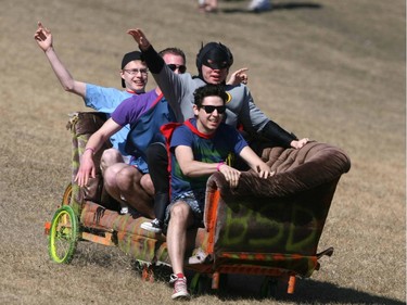 2010 - University of Calgary students participate in a downhill couch race on St Andrews Hill near the University.