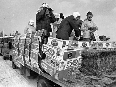 1969 - University of Calgary students use empty beer cases to build a float on the back of a flat-bed truck at Stampede Park during Bermuda Shorts Day, 1969.
