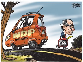 UPLOADED BY: Malcolm Mayes ::: EMAIL: mmayes:: PHONE: 780-2883542 ::: CREDIT: Malcolm Mayes ::: CAPTION: Alberta's Joe Ceci and his NDP Budget run out of gas. (Cartoon by Malcolm Mayes)