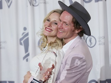 Whitehorse, a Canadian folk-rock band composed of husband-and-wife duo Luke Doucet and Melissa McClelland, winners of the Adult Alternative Album of the Year during the 2016 JUNO Gala Dinner & Awards in Calgary on Saturday, April 2, 2016. (Al Charest/Postmedia)