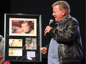 William Shatner appears on stage at the 2016 Calgary Comin and Entertainment Expo in Calgary, Alta on Friday April 29, 2016. He was presented with a themed stamp dedicated to his Star Trek character.