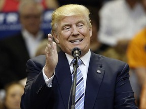 Republican presidential candidate Donald Trump speaks at a campaign rally at the Rimrock Auto Arena, in Billings, Mont., Thursday, May 26, 2016. (AP Photo/Brennan Linsley) ORG XMIT: MTBL123