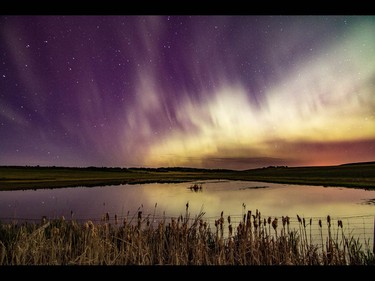 A pond reflects the northern lights west of Calgary, Ab., on Sunday May 8, 2016. Mike Drew/Postmedia