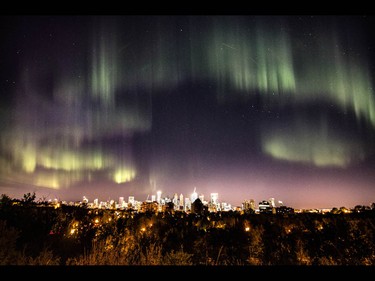 Aurora light show over downtown in Calgary, Ab., on Sunday May 8, 2016. Mike Drew/Postmedia