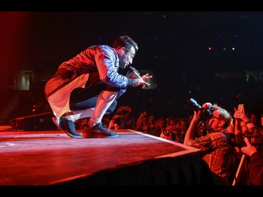 Jacob Hoggard, lead singer of Hedley and the band perform at the Scotiabank Saddledome in Calgary, Ab., on Friday May 13, 2016. Mike Drew/Postmedia